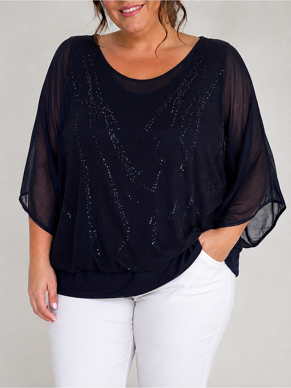 Grace Elements Navy Sheer Dolman Top with Sequin Detail